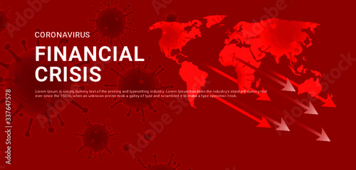 Coronavirus financial crisis horizontal banner concept with falling arrows and candlestick stock charts. Vector illustration with 3d microscopic bacteria and viruses