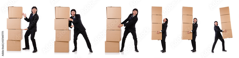 Funny man with boxes on white Funny man with boxes on white