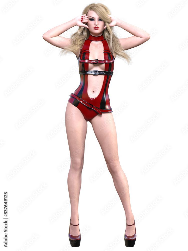 Tall woman in extravagant sexy latex body suite. Tall woman in extravagant sexy latex body suite.