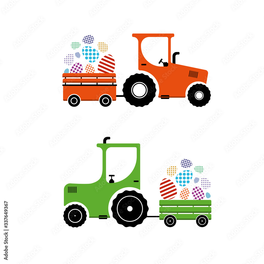 Vector illustration, tractor carries Easter eggs. 