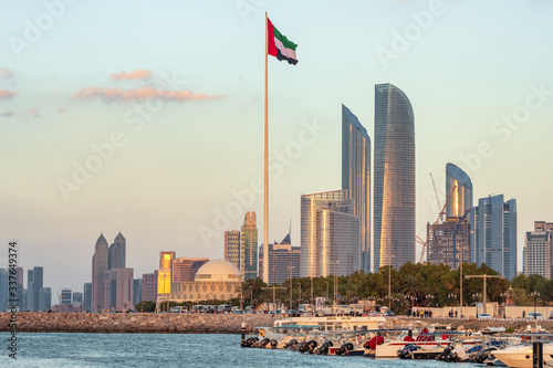 Abu Dhabi cityscape at sunset, UAE