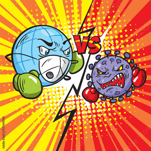 The globe defeated the coronavirus. Cartoon funny globe sends the virus Covid 19 knocked out. Comic style drawing.