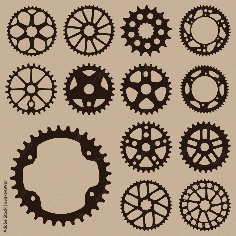 Set of gears. Gear wheel collection. 
Bicycle gear cogwheel sprocket symbols chain wheel. Group of gears. Bicycle crank vector collection. - obrazy, fototapety, plakaty 