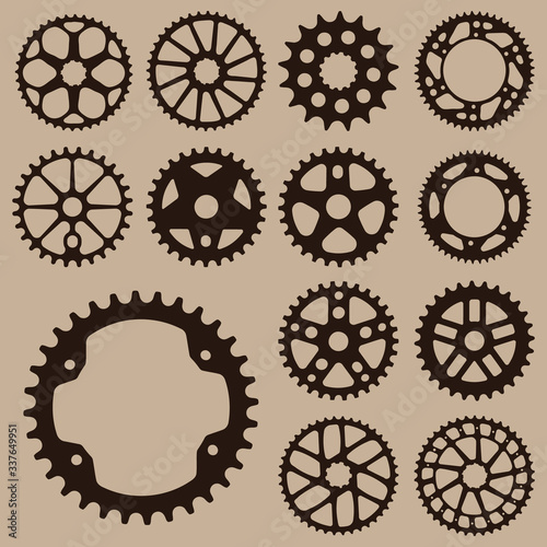 Set of gears. Gear wheel collection. 
Bicycle gear cogwheel sprocket symbols chain wheel. Group of gears. Bicycle crank vector collection. photo