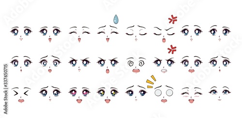 Set of cartoon anime style expressions. Different eyes, mouth, eyebrows. Blue eyes, pink lips. Hand drawn vector illustration isolated on white background.