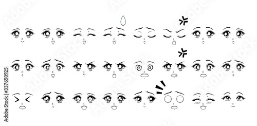 Set of cartoon anime style expressions. Contour picture for manga.