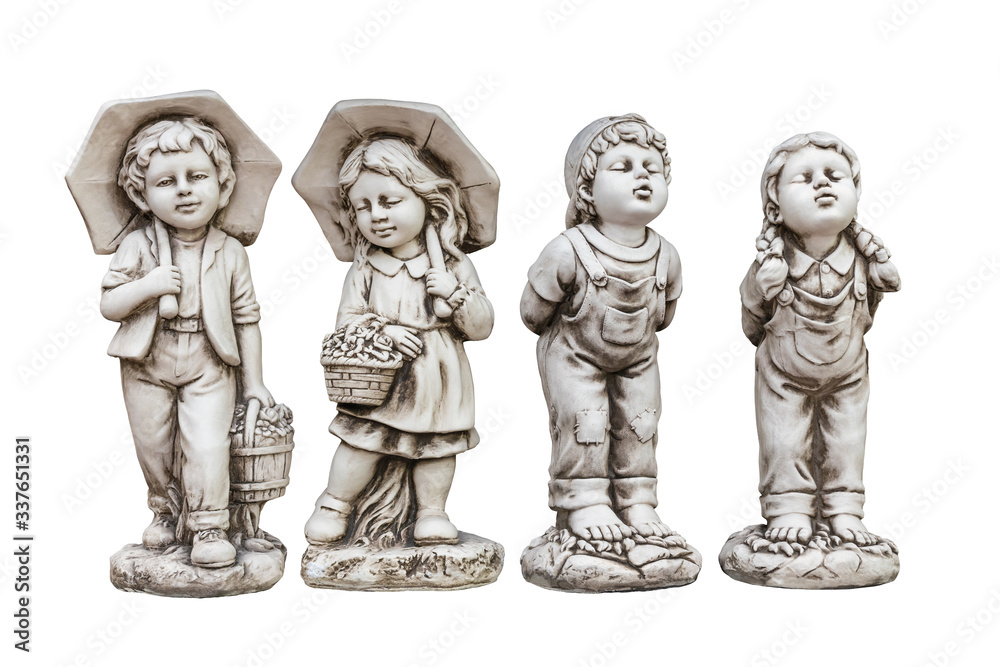 Plaster classic garden figure isolated on white: a set of four different figures Plaster classic garden figure isolated on white: a set of four different figures