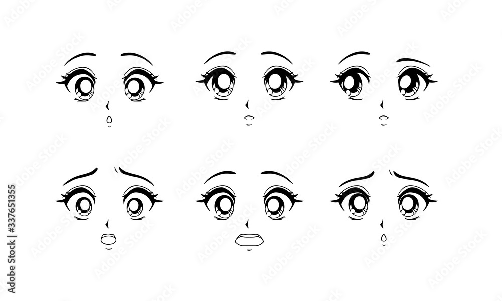 Set of surprised and scared anime faces. Hand drawn vector cartoon illustration. Set of surprised and scared anime faces. Hand drawn vector cartoon illustration.