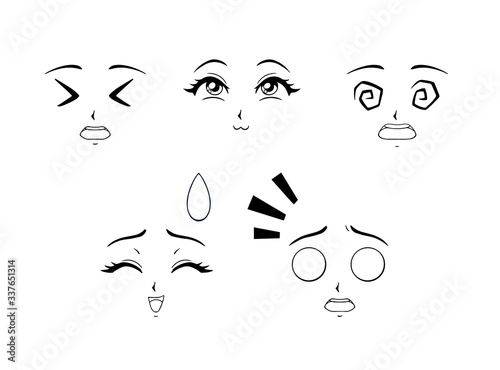 Set of funny anime faces. Hand drawn vector cartoon illustration.
