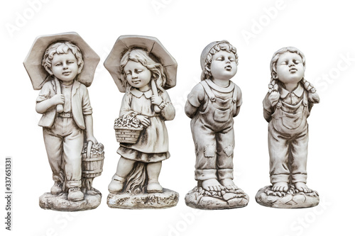 Plaster classic garden figure isolated on white: a set of four different figures