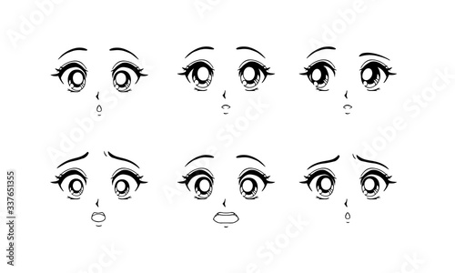 Set of surprised and scared anime faces. Hand drawn vector cartoon illustration.