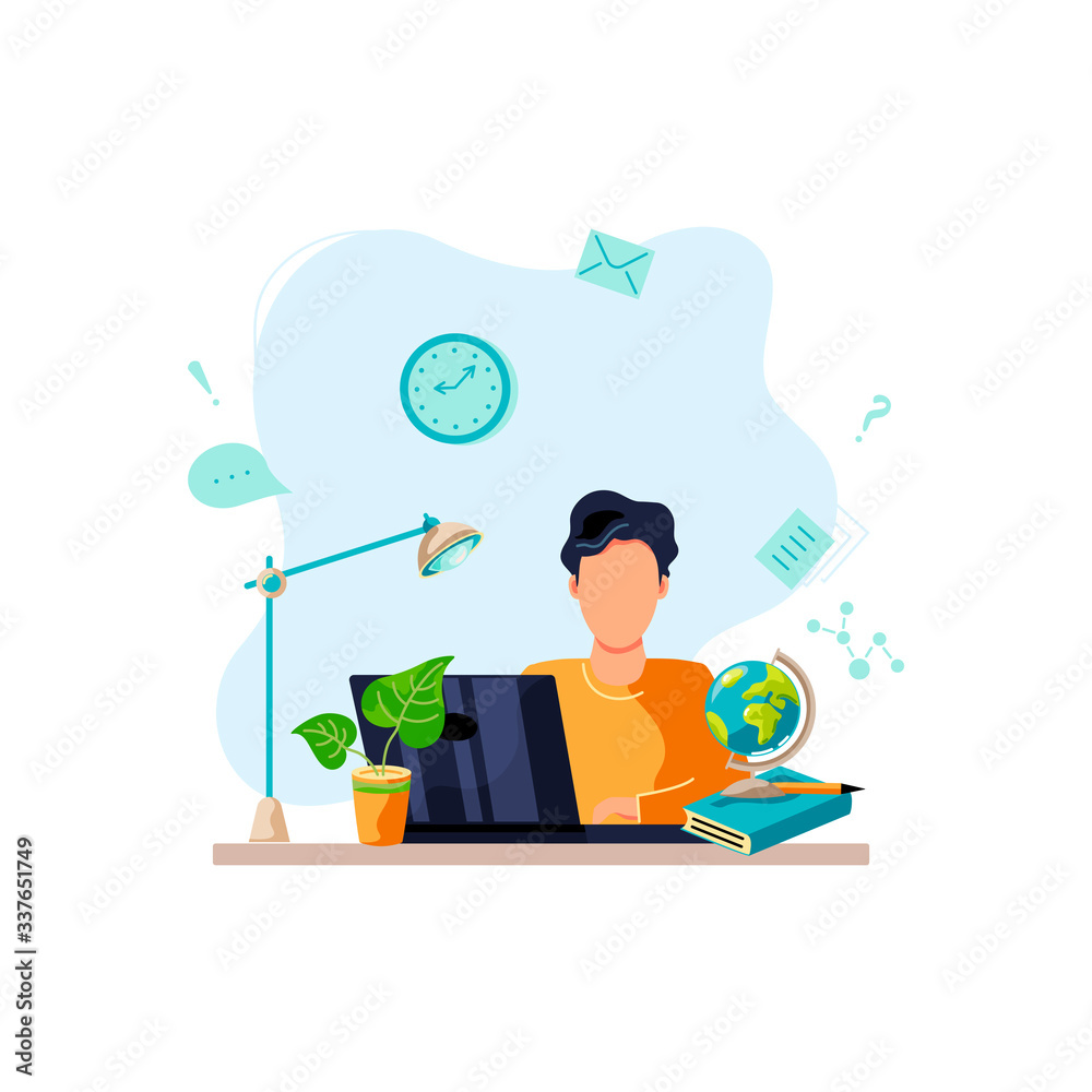 Home learning, online education, home activity concept. Student is doing homework on laptop. Vector illustration isolated on white background. Flat cartoon style design.