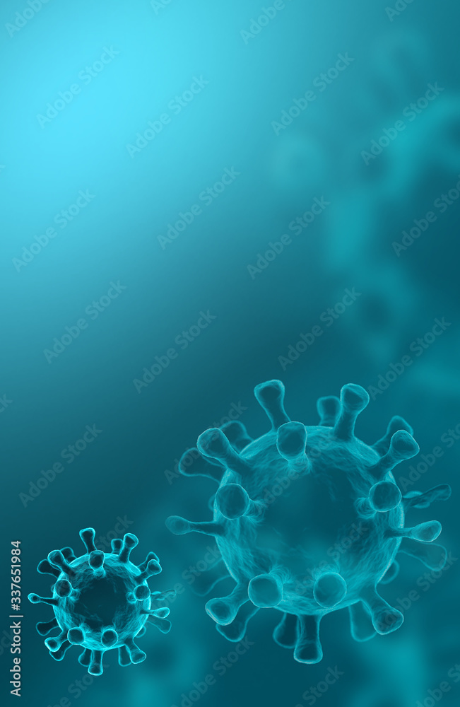 Covid-19, abstraction background with elements of the virus. The epidemic of viral diseases. Micro organisms, macro, 3d illustration. Pandemic, medical.