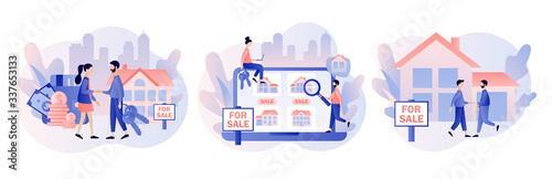 House for sale. Real estate business concept with houses. Tiny real estate agent or broker shaking hands with people buying house. Modern flat cartoon style. Vector illustration on white background