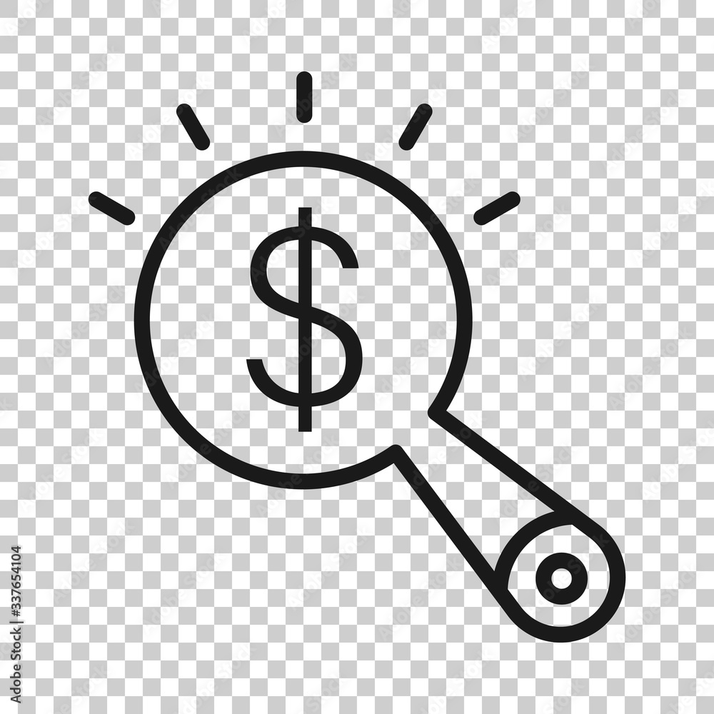 Magnifier glass with money icon in flat style. Dollar search vector illustration on white isolated background. Financial currency business concept. Magnifier glass with money icon in flat style. Dollar search vector illustration on white isolated background. Financial currency business concept.
