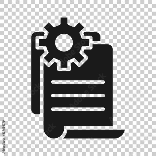 Document with gear icon in flat style. Big data processing vector illustration on white isolated background. Paper sheet software solution business concept.