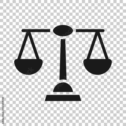 Scale balance icon in flat style. Justice vector illustration on white isolated background. Judgment business concept.