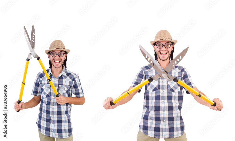 Funny guy with garden shears on white Funny guy with garden shears on white