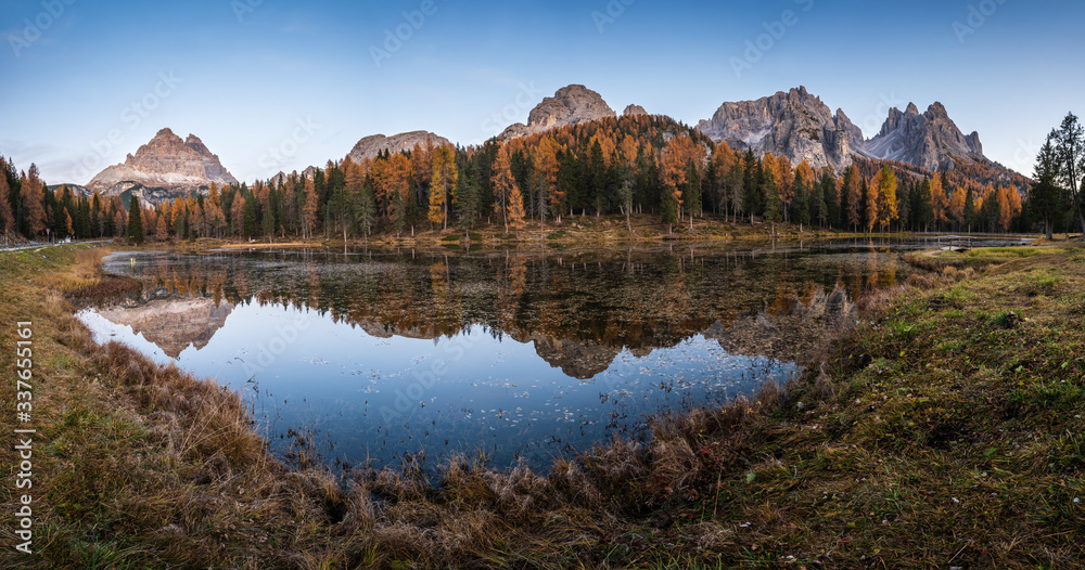 Beautiful autumn evening Lake Antorno and Three Peaks of Lavaredo, Dolomites, Italy