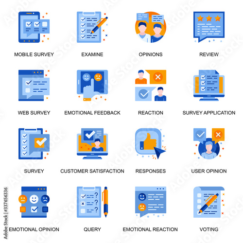Web survey icons set in flat style. Emotional reaction and opinion, user query, mobile voting and review, customer satisfaction and feedback signs. Survey application pictograms for UX UI design.