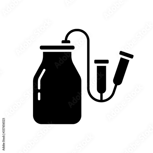 Cutout silhouette Vacuum milking machine icon. Outline logo of milker. Black simple illustration of can with hose and teatcups, farming automation. Flat isolated vector on white background