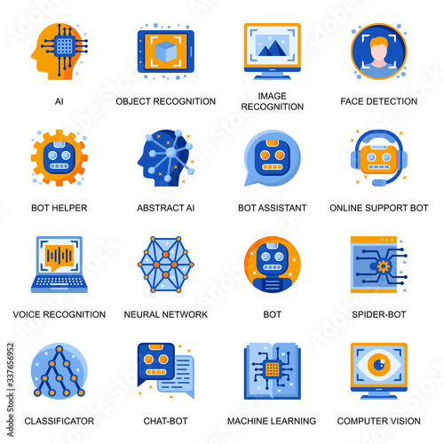 Artificial intelligence icons set in flat style. Image and voice recognition, online support and assistant chatbot, neural network, computer vision signs. Machine learning pictograms for UX UI design.