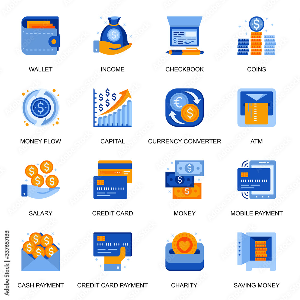 Vecteur Stock Money transaction icons set in flat style. Credit card  service, currency converter, online and mobile payment, money flow,  checkbook and cash signs. Capital management pictograms for UX UI design.