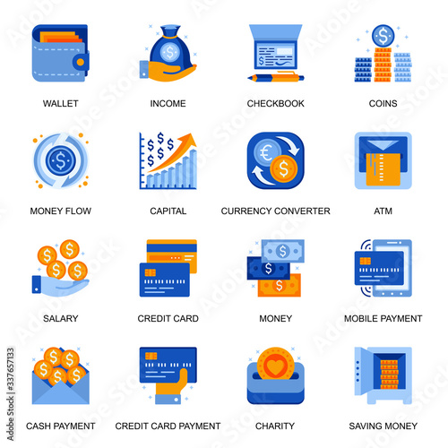 Money transaction icons set in flat style. Credit card service, currency converter, online and mobile payment, money flow, checkbook and cash signs. Capital management pictograms for UX UI design.