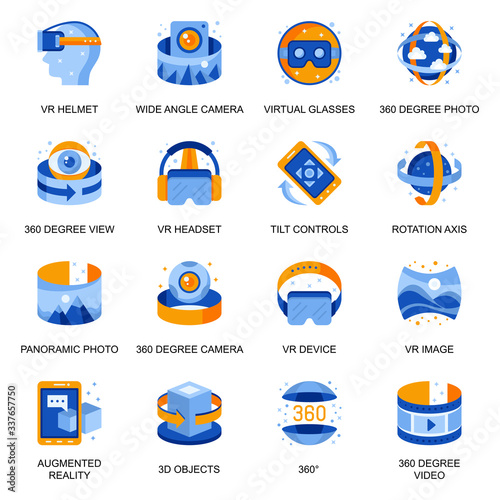 Virtual reality icons set in flat style. Wide angle camera, VR headset, 360 degree view, panoramic photo, tilt control and rotation axis signs. Innovation entertainment pictograms for UX UI design.