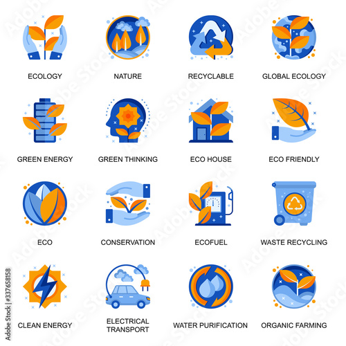 Ecology icons set in flat style. Waste recycling, water purification, green energy, organic farming, clean energy, nature environment conservation signs. Eco friendly pictograms for UX UI design.