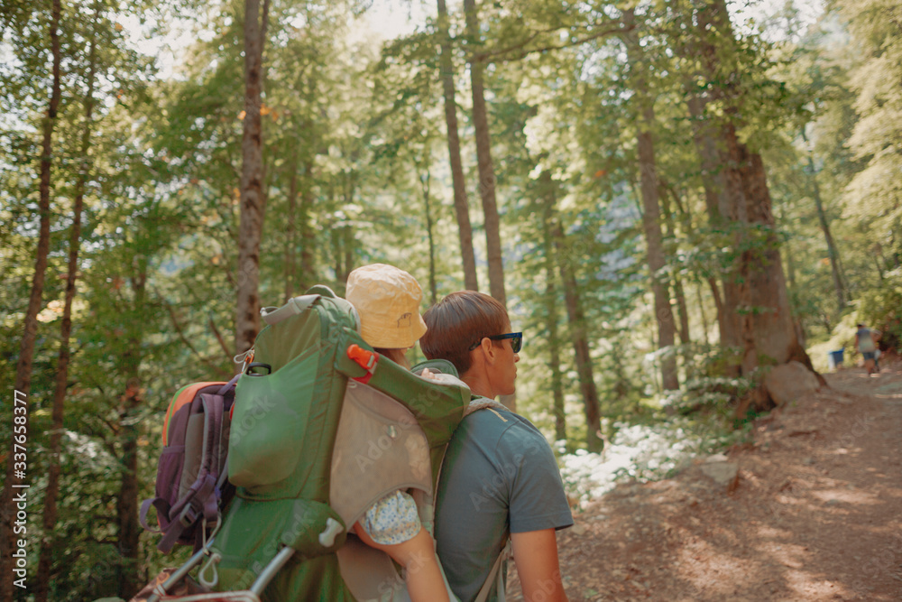 Father and little daughter in the child carrier on his back hiking in the summer forest in the sunny day, back view Father and little daughter in the child carrier on his back hiking in the summer forest in the sunny day, back view