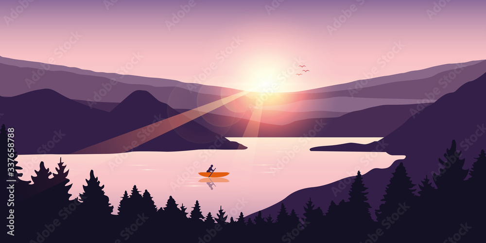 lonely canoeing adventure in summer with orange boat on the lake vector illustration EPS10