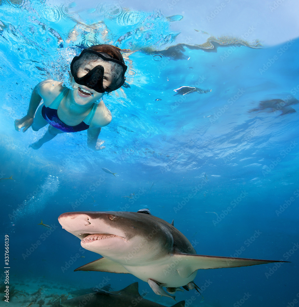 Fototapeta premium Young girl swimming with sharks.