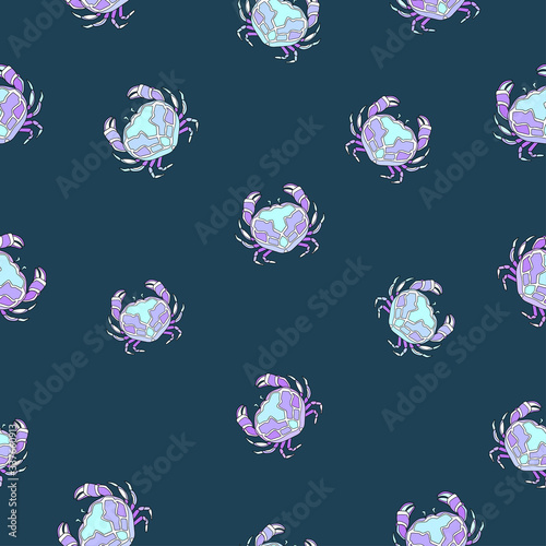 Bright hand drawn simple sea crabs of blue and purple colors on calm blue-turquoise background. Seamless underwater animal pattern.