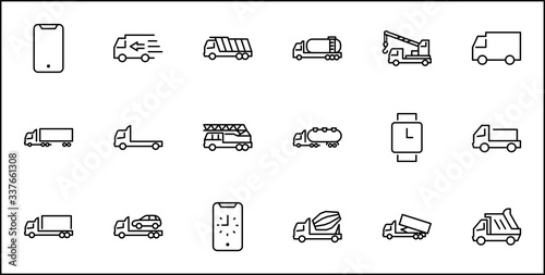 Truck Set of Transport Vector Line Icons. Contains such Icons as Truck, Transportation, Tow Truck, Cranes, Mixer, Garbage Truck, Manipulators, Delivery service and more. Editable Stroke. 32x32 Pixels