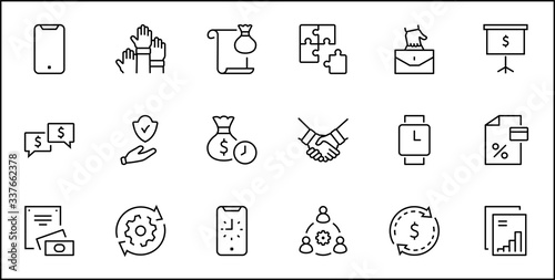 Set of Business Cooperation Vector Line Icons. Contains such Icons as Puzzle, Partnership, Money, Handshake, Dollars, Team, Synergy, Work, Interaction and more. Editable Stroke. 32x32 Pixels