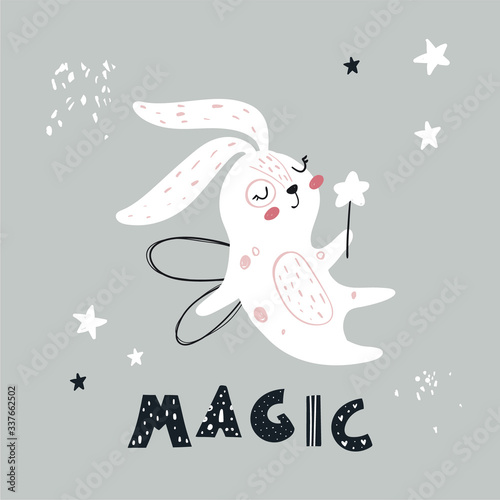 Vector hand-drawn color children's illustration, poster, print with cute white bunny fairy with a magic wand and wings  in a Scandinavian style on a light background. Cute baby animals. Magic.