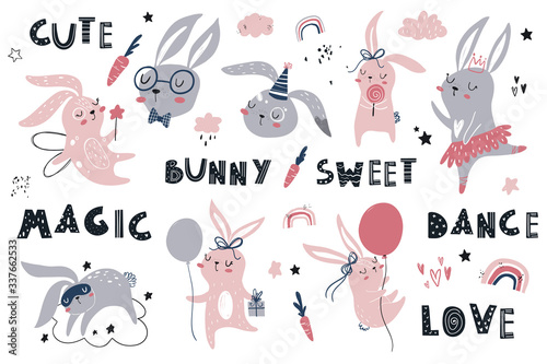 Vector hand-drawn colored children’s set with cute bunnies, carrots, rainbow, lettering in the Scandinavian style on a white background. Cute baby animals. Vector children's set with bunnies.
