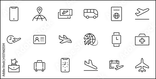 Set of Airport Related Vector Line Icons. Contains such Icons as Globe, Departure, Plane, Bus, Tickets, Baggage Claim, Calendar, Kit and more. Editable Stroke. 32x32 Pixels.