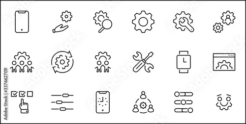 Set of Settings and Setup Vector Line Icons. Contains such Icons as Gear, Setting, Control, Iinstall, Options, Service, and more. Editable Stroke. 32x32 Pixels.