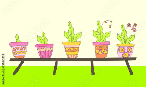 A set of colorful flower pots with plants stands on a low shelf in the room. The collection of house plants is drawn in the Doodle style