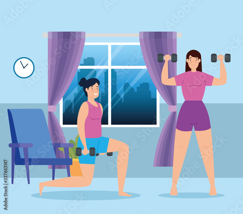 women lifting weights in the house vector illustration design