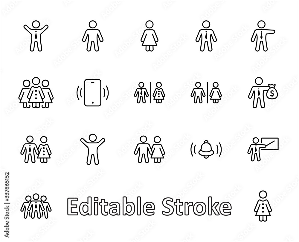 Set of people vector line icons. It contains the symbols of a man, a woman, a family, a toilet, a businessman, a teacher, and much more. Editable Stroke. 32x32 pixels. Set of people vector line icons. It contains the symbols of a man, a woman, a family, a toilet, a businessman, a teacher, and much more. Editable Stroke. 32x32 pixels.