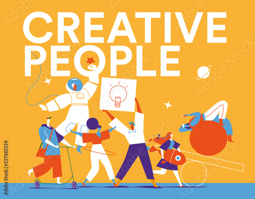 Giovani ragazzi creativi esprimono la loro personalità. Gruppo di personaggi eccentrici maschili e femminili