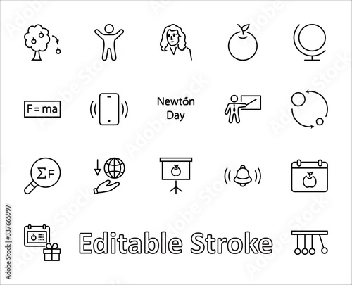 Newton's Day Set Line Vector Icon. Contains such Icons as Newton, Laws of physics and gravity, Flying Apple, Calendar, Teacher, blackboard and projector Editable Stroke. 32x32 Pixel Perfect