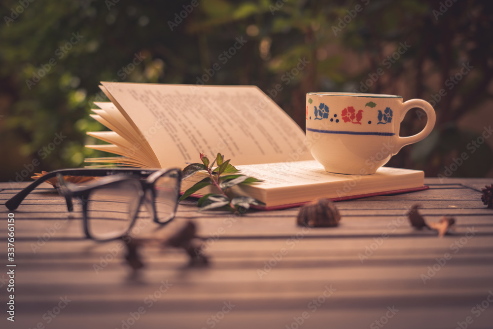 Leer libro con taza de cafe en el porche de casa, descanso y relax foto de  Stock | Adobe Stock