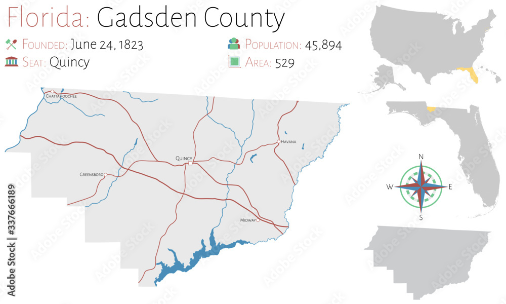 Fototapeta premium Large and detailed map of Gadsden county in Florida, USA.