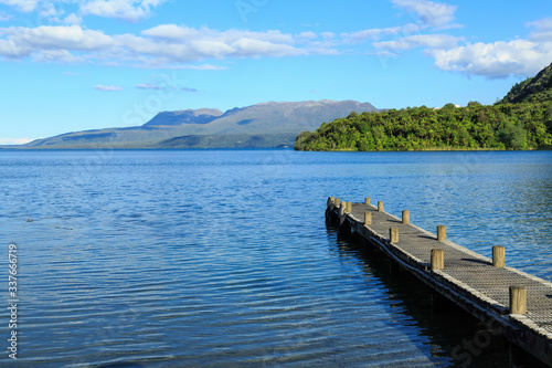 Beautiful Lake Tarawera in the Rotorua area  New Zealand. In the background are the slopes of volcanic Mount Tarawera