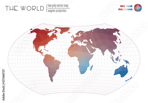 Triangular mesh of the world. Wagner projection of the world. Red Blue colored polygons. Modern vector illustration.