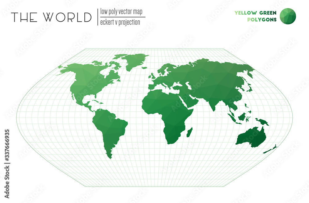 Triangular mesh of the world. Eckert V projection of the world. Yellow-Green colored polygons. Energetic vector illustration. Triangular mesh of the world. Eckert V projection of the world. Yellow-Green colored polygons. Energetic vector illustration.